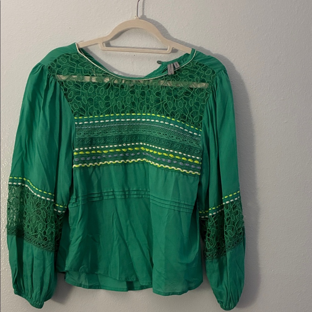 Anthropologie Green Lace Accent Blouse